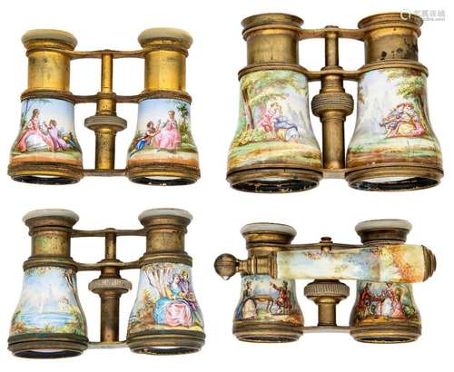 Four pairs of French gilt-brass and enamelled opera glasses