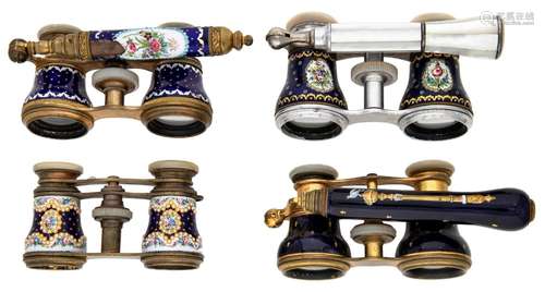 Four pairs of French enamelled opera glasses