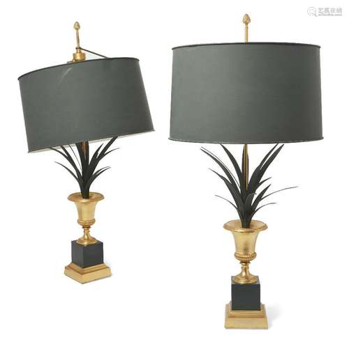 A pair of gilt and patinated bronze urn and palm table lamps