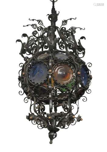 A wrought iron hanging ceiling light