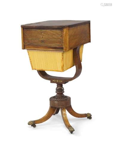 A Regency brass inlaid rosewood sewing table