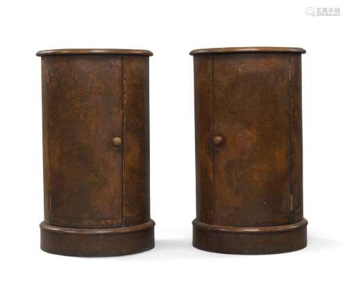 A pair of Victorian burr walnut cylindrical pot cupboards