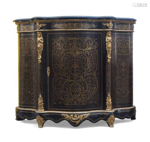 A Napoleon III serpentine front brass inlaid ebonized cabine...