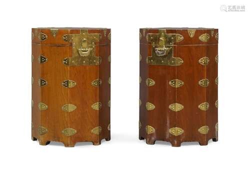 A pair of Chinese brass bound wedding boxes