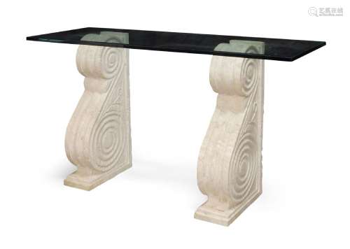 A variegated stone and glass console table