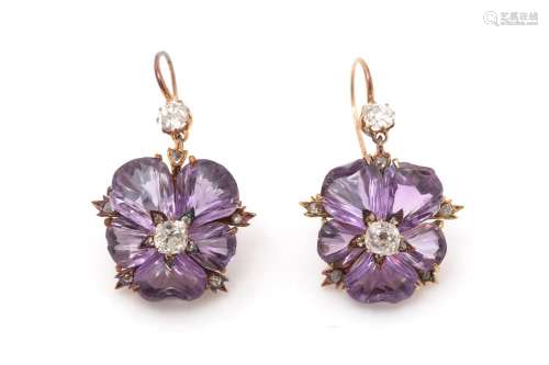 A pair of Victorian amethyst and diamond floral earrings,