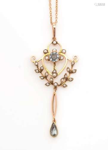 An Edwardian aquamarine and seed pearl pendant,