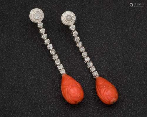 Coral and diamond gold earrings