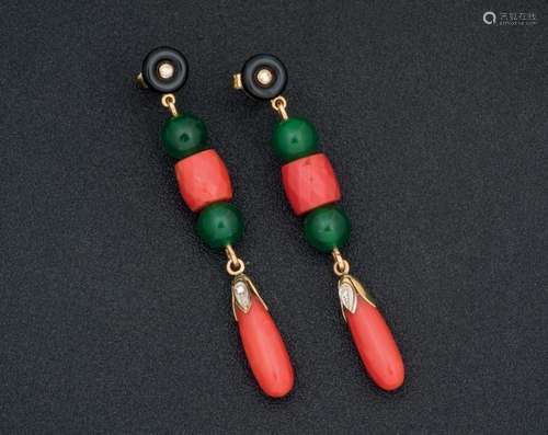 Coral, diamond, onix earrings