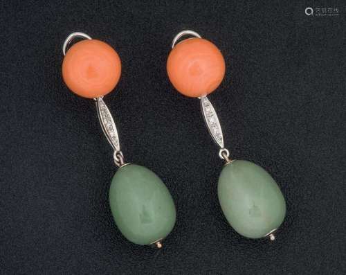 Jade, coral and diamond earrings