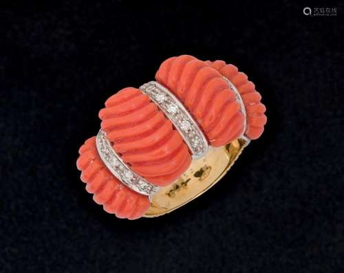 Coral and diamond gold ring