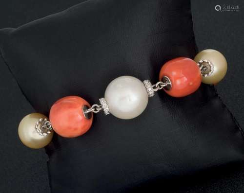 Coral, pearl and diamond bracelet