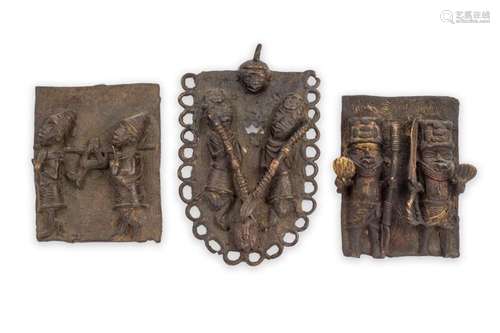 Three Benin bronze warriors plates. 20th Century