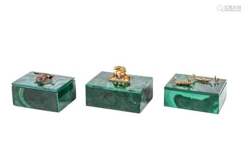 Three malachite, silver and gold boxes 20th C