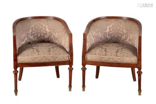 A pair of silk and wood armchairs Early 20th C