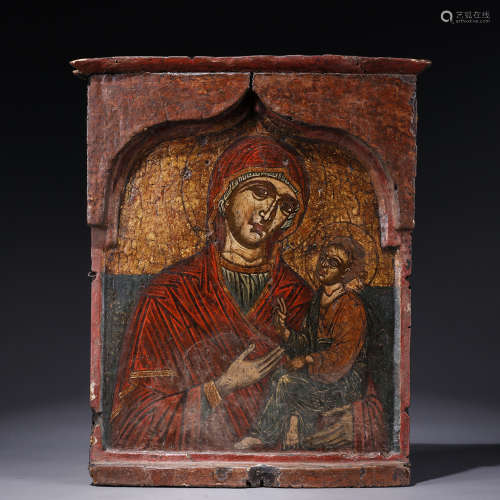 17世紀 聖母和耶穌木板聖像 木板畫