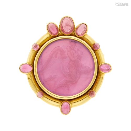 Elizabeth Locke Gold, Pink Glass Intaglio, Mother-of-Pearl a...