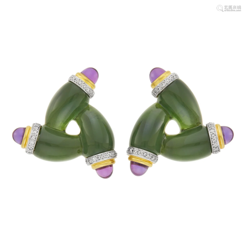 Pair of Gold, Cabochon Tourmaline, Amethyst and Diamond Earr...