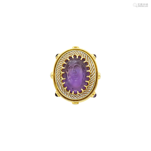 Elizabeth Gage Gold, Purple Glass Cameo, Cabochon Amethyst, ...