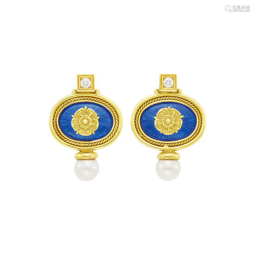 Elizabeth Gage Pair of Gold, Blue Enamel, Cultured Pearl and...