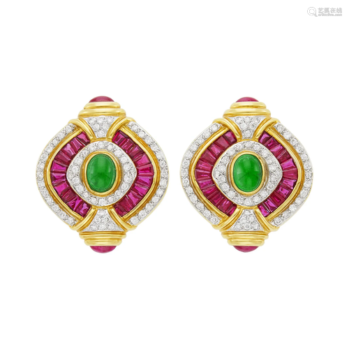 Pair of Two-Color Gold, Ruby, Emerald and Diamond Earclips