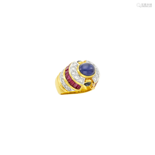 Gold, Cabochon Sapphire, Ruby and Diamond Ring