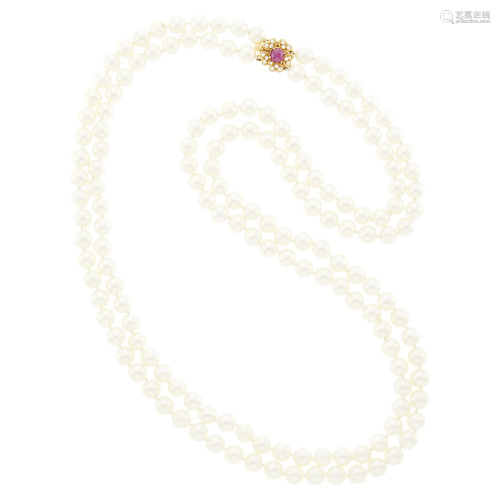 Long Double Strand Cultured Pearl Necklace with Gold, Caboch...