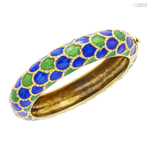 Martine Gold and Blue and Green Enamel Bombé Bangle Bracelet