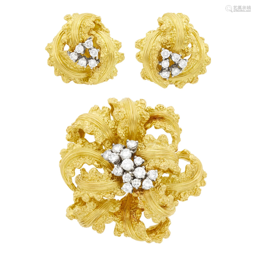 Gold and Diamond Flower Brooch and Pair of Earclips