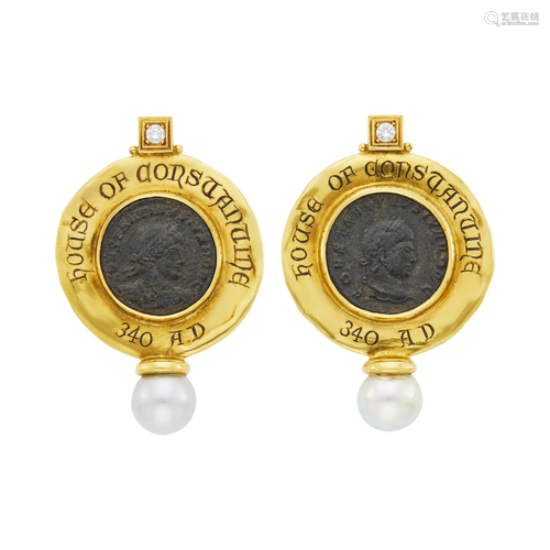 Elizabeth Gage Pair of Gold, Coin, Gray Cultured Pearl and D...