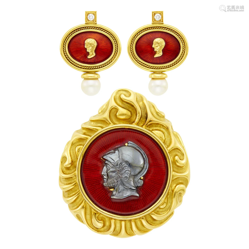 Elizabeth Gage Gold, Hematite Cameo and Red Guilloché Enamel...