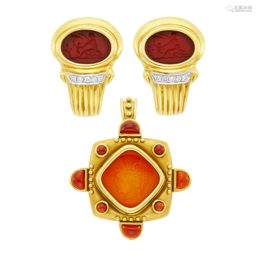 Pair of Gold, Carnelian Intaglio and Diamond Earclips and Pe...