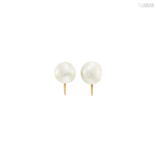 Pair of Gold, Platinum and Natural Button Pearl Earclips