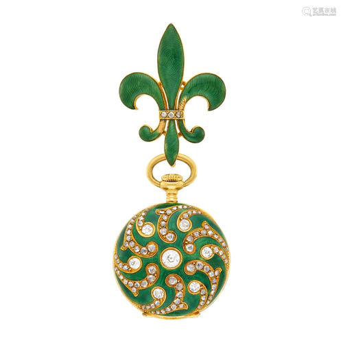 Gold, Green Enamel and Diamond Lapel-Watch