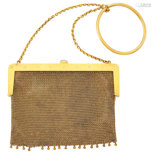 Gold, Diamond and Cabochon Amethyst Mesh Purse with Carrying...