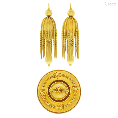 Pair of Etruscan Revival Gold Fringe Pendant-Earrings and Br...