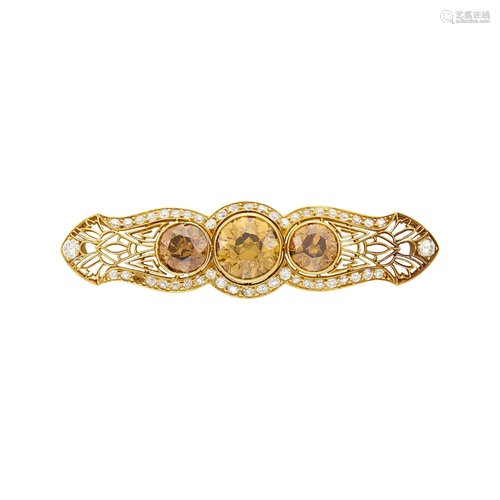 Gold, Colored Diamond and Diamond Filigree Bar Brooch