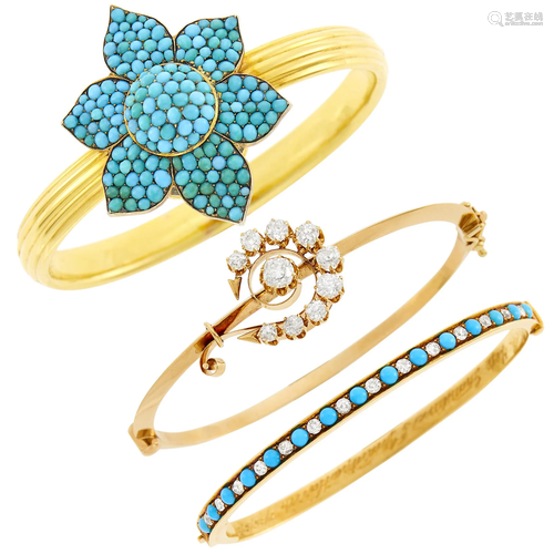 Three Antique Gold, Turquoise and Diamond Bangle Bracelets