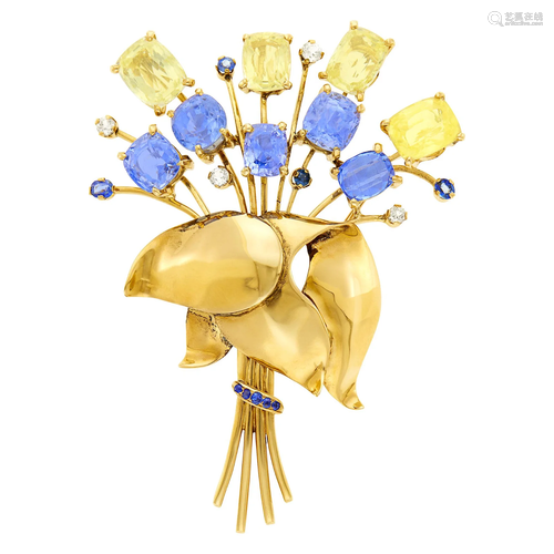 Gold and Multicolored Sapphire Corsage Brooch