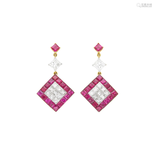 Pair of Gold, Ruby and Diamond Pendant-Earrings