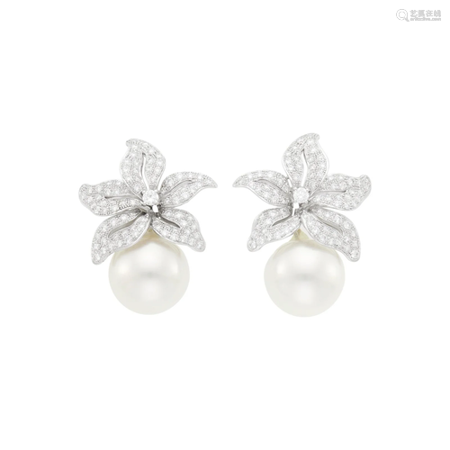 Pair of White Gold, Diamond and South Sea Cultured Pearl Ear...