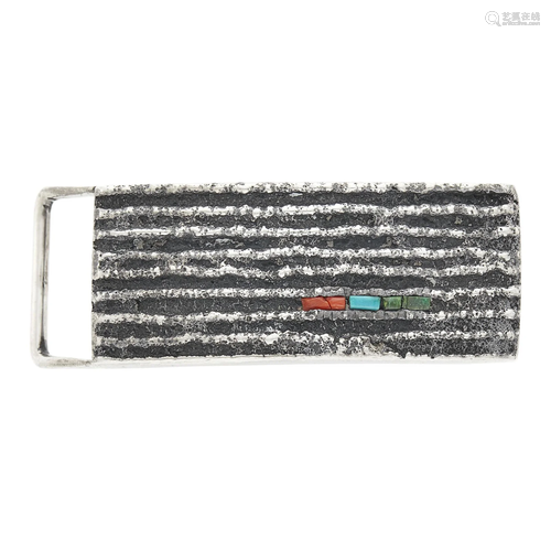 Charles Loloma Tufa-Cast Silver, Turquoise and Coral Belt Bu...