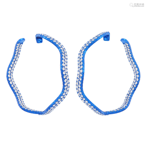 Pair of Blue Electroplated White Gold and Diamond Hoop Earri...