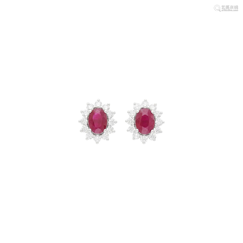 Pair of White Gold, Ruby and Diamond Earrings