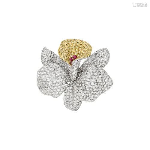 Two-Color Gold, Diamond, Colored Diamond and Ruby Flower Rin...