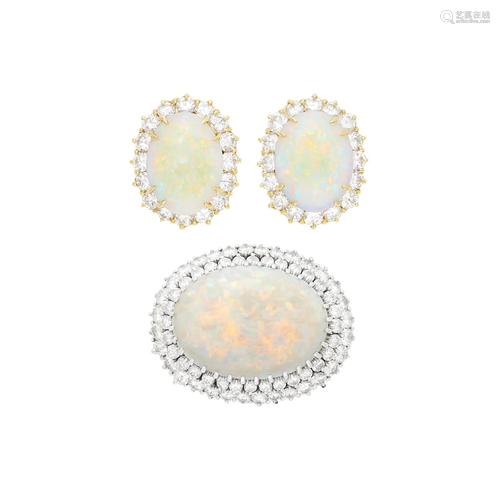 Pair of Gold, Opal and Diamond Earrings and White Gold, Opal...