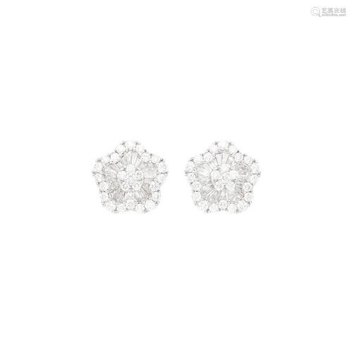 Pair of White Gold and Diamond Flower Earrings