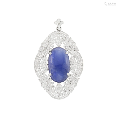 Low Karat White Gold, Cabochon Sapphire and Diamond Pendant-...