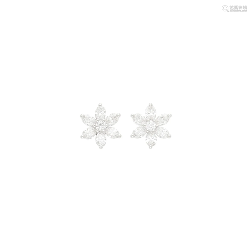 Pair of Platinum and Diamond Flower Earrings