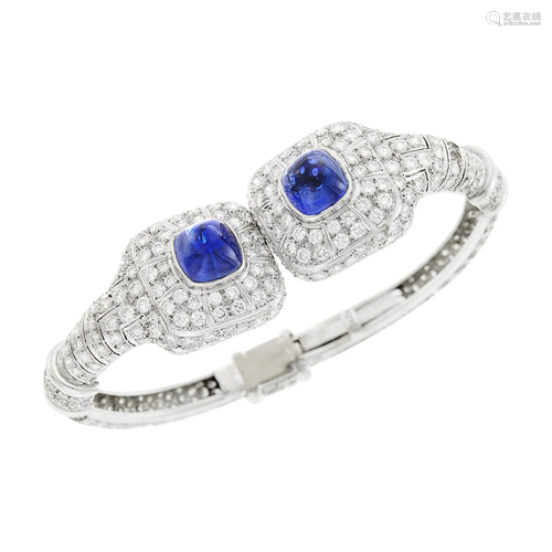 White Gold, Cabochon Sapphire and Diamond Bangle Bracelet